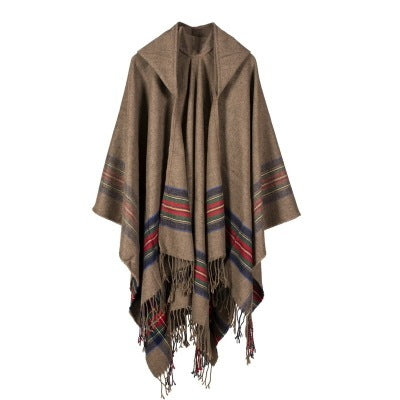 Women's thick color stripsimitation cashmere jacquard shawl can wear warm long fashion hooded cloak