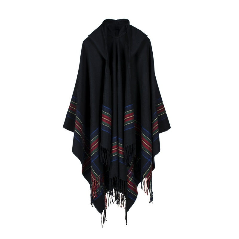 Women's thick color stripsimitation cashmere jacquard shawl can wear warm long fashion hooded cloak