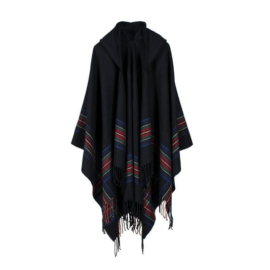 Women's thick color stripsimitation cashmere jacquard shawl can wear warm long fashion hooded cloak