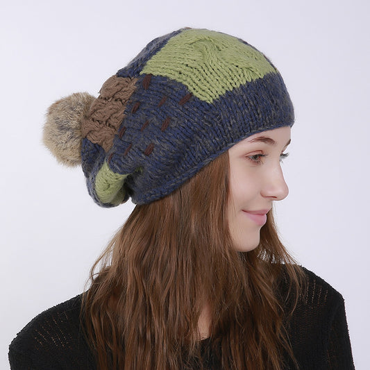 Women Patch Pleated Acrylic Stuffed Hand-woven Knit Thick Folds Warm Outdoor Wool Cute Hair Ball Hat