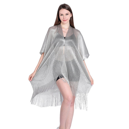 Gold And Silver Ribbon Sleeve Split Shawl Holiday Bikini Blouse Sunscreen Clothes
