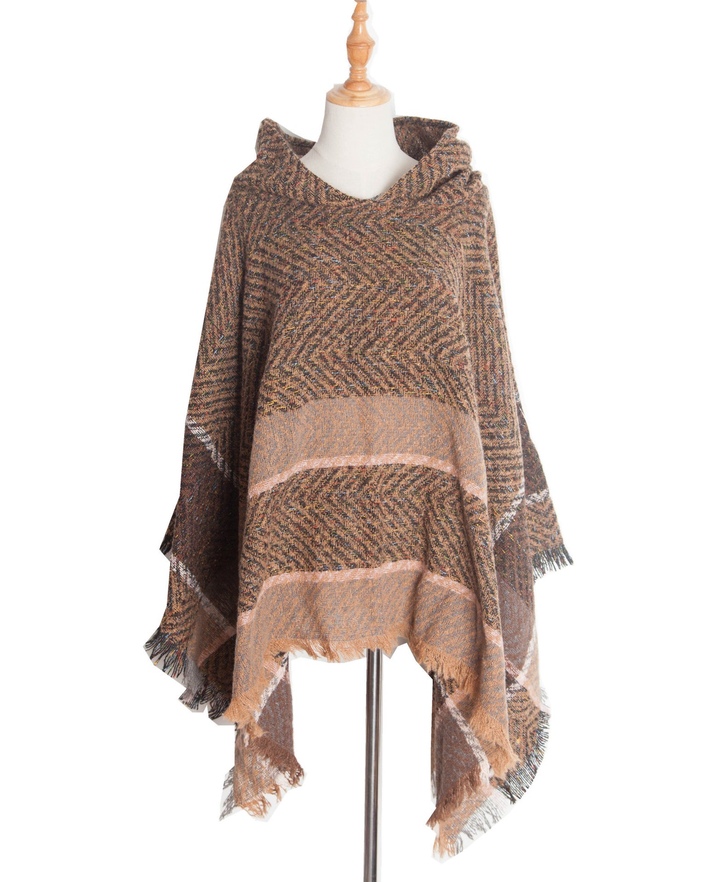 Fishbone Pattern Ladies Hooded Shawl Pullover Cloak
