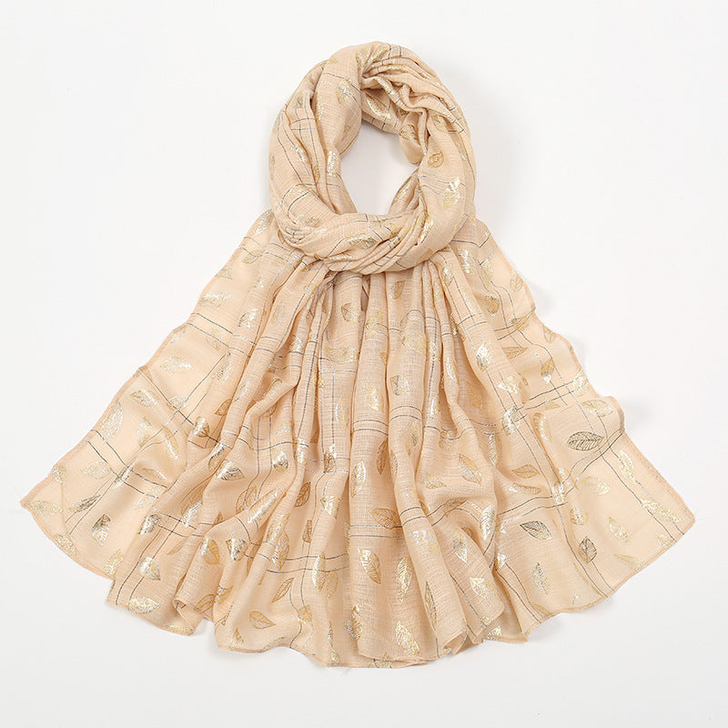 Leaves Bronzing Cotton And Linen Feel Scarf Thin