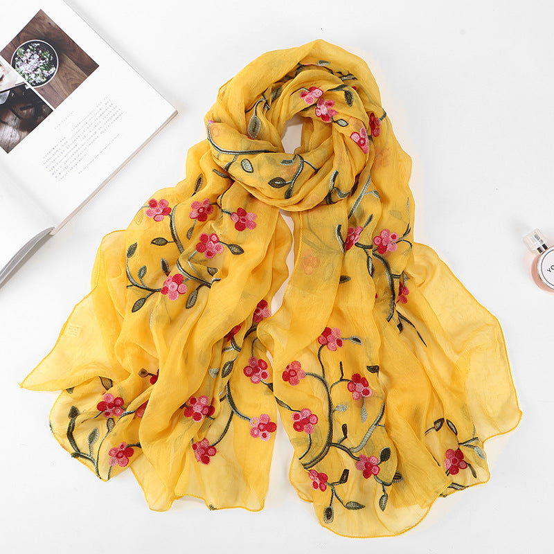 Women's Chiffon Flower Embroidered Silk Scarf Beach Shawl