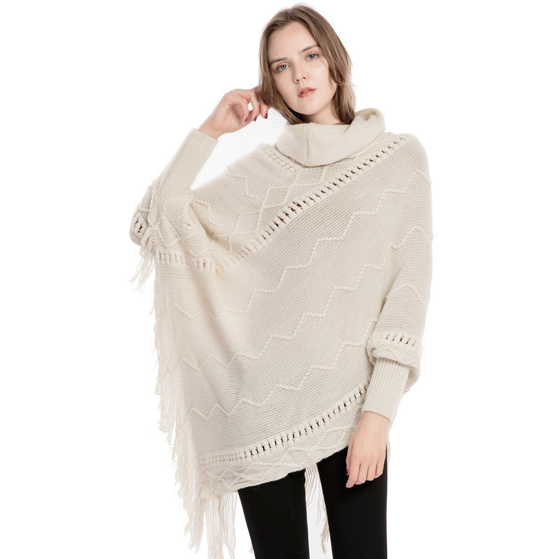 Acrylic Fringed Sweater High Collar Warm Sleeve Pullover Cloak