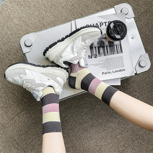 Coffee Striped Letter Mid Tube Women's Cotton Socks