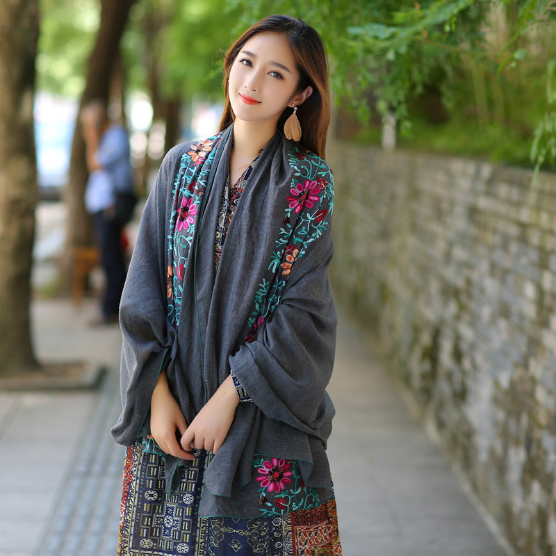 Ethnic Style Embroidered Floral Scarf Shawl Sunscreen Silk Female
