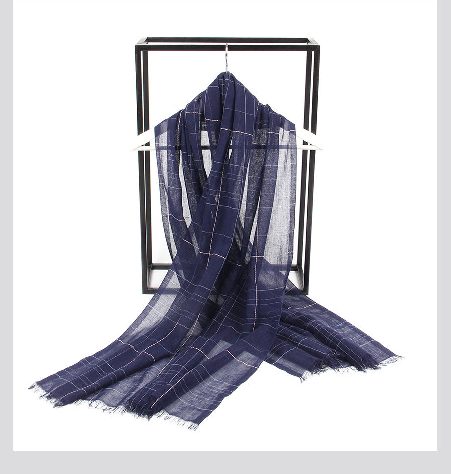 Spring And Summer Blended Yarn Cotton And Linen Plaid Lightweight Breathable Scarf