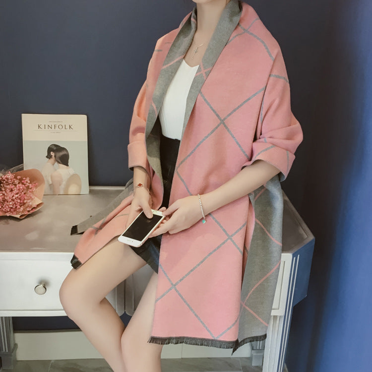 Autumn and winter double-sided plaid cashmere scarf for ladies