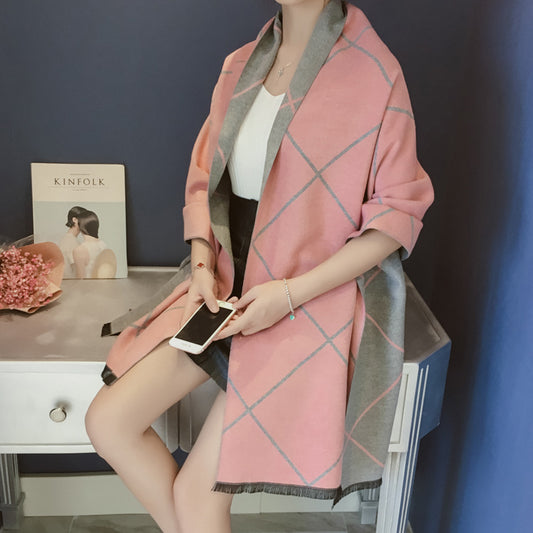 Autumn and winter double-sided plaid cashmere scarf for ladies
