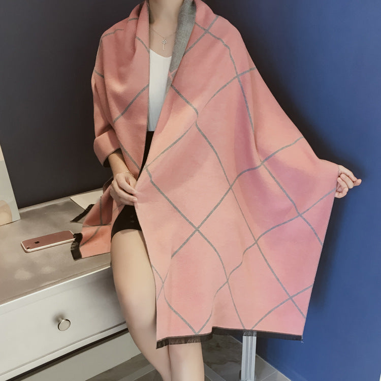 Autumn and winter double-sided plaid cashmere scarf for ladies