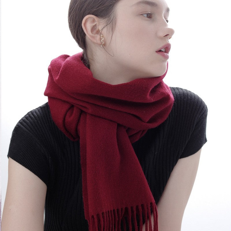 Pure Wool Scarf Women's Warm Tassel Solid Color Scarf