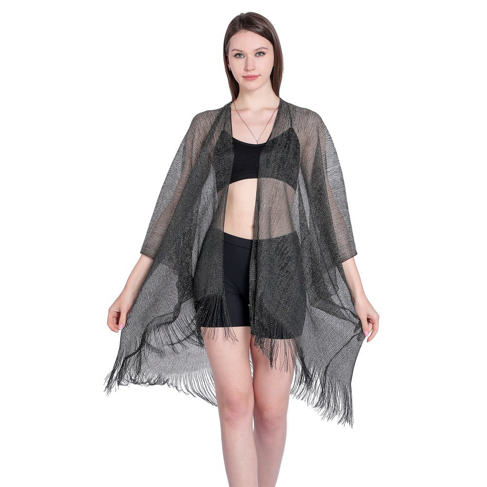 Gold And Silver Ribbon Sleeve Split Shawl Holiday Bikini Blouse Sunscreen Clothes