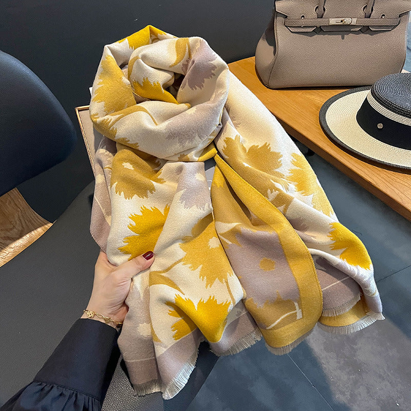 Women's Sunflower Pattern Warm Long Shawl Neckband