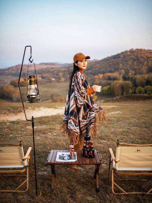 Ethnic Style Woolen Vintage Print Casual Double-sided Tassel Cape And Shawl Coat