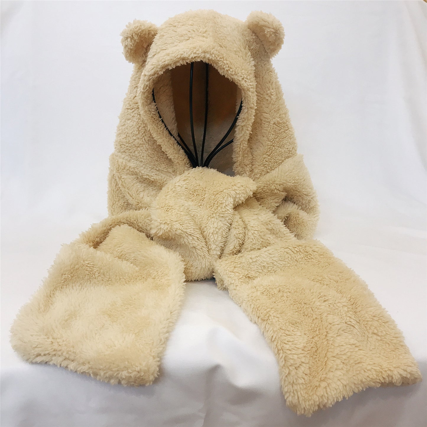 Bear Hat Scarf One Female Plush Warm Ear Protection Cute Bear Bib Suit