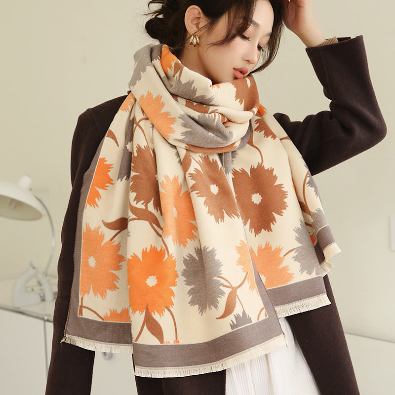 Women's Sunflower Pattern Warm Long Shawl Neckband