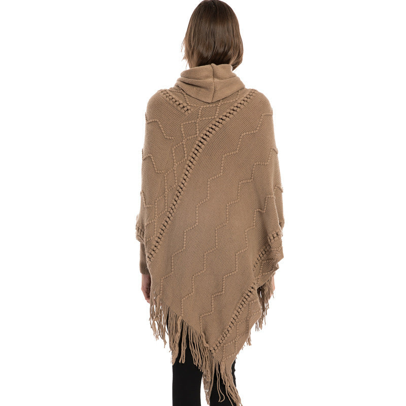 Acrylic Fringed Sweater High Collar Warm Sleeve Pullover Cloak