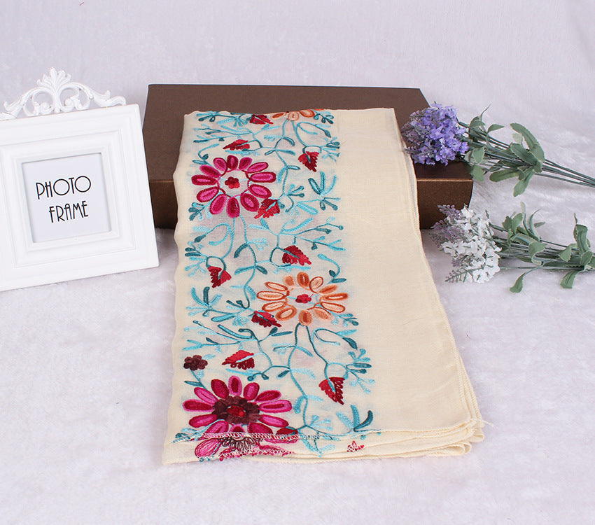 Ethnic Style Embroidered Floral Scarf Shawl Sunscreen Silk Female