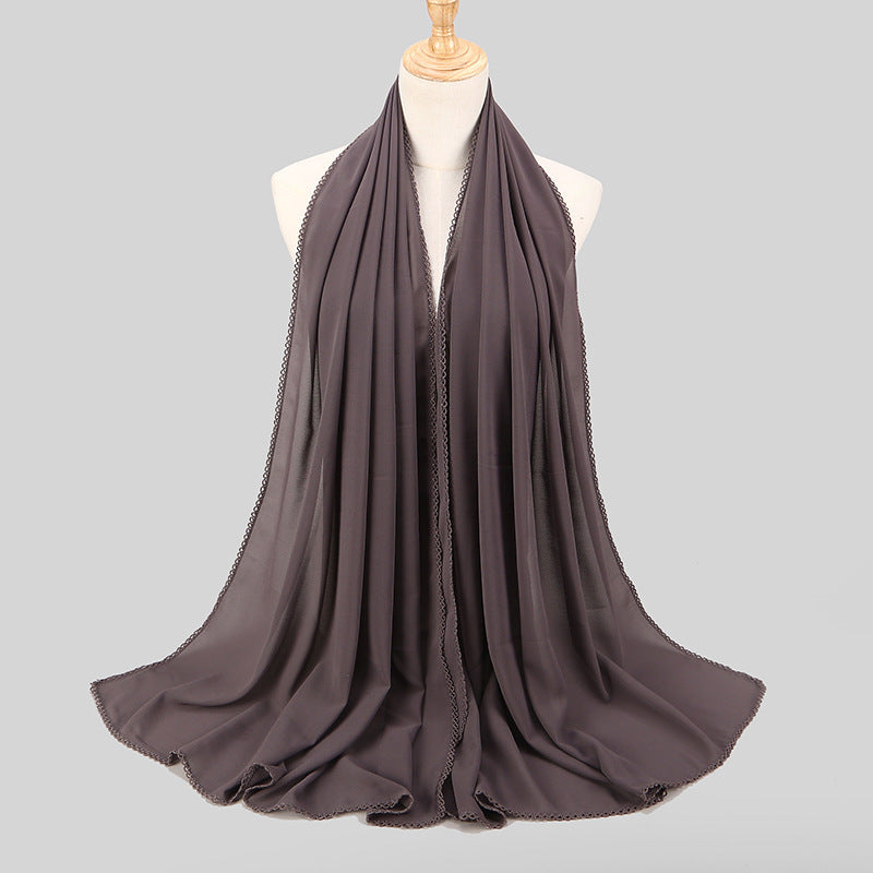 Elegant Women's Monochrome Lace Panel Pearl Chiffon Scarf