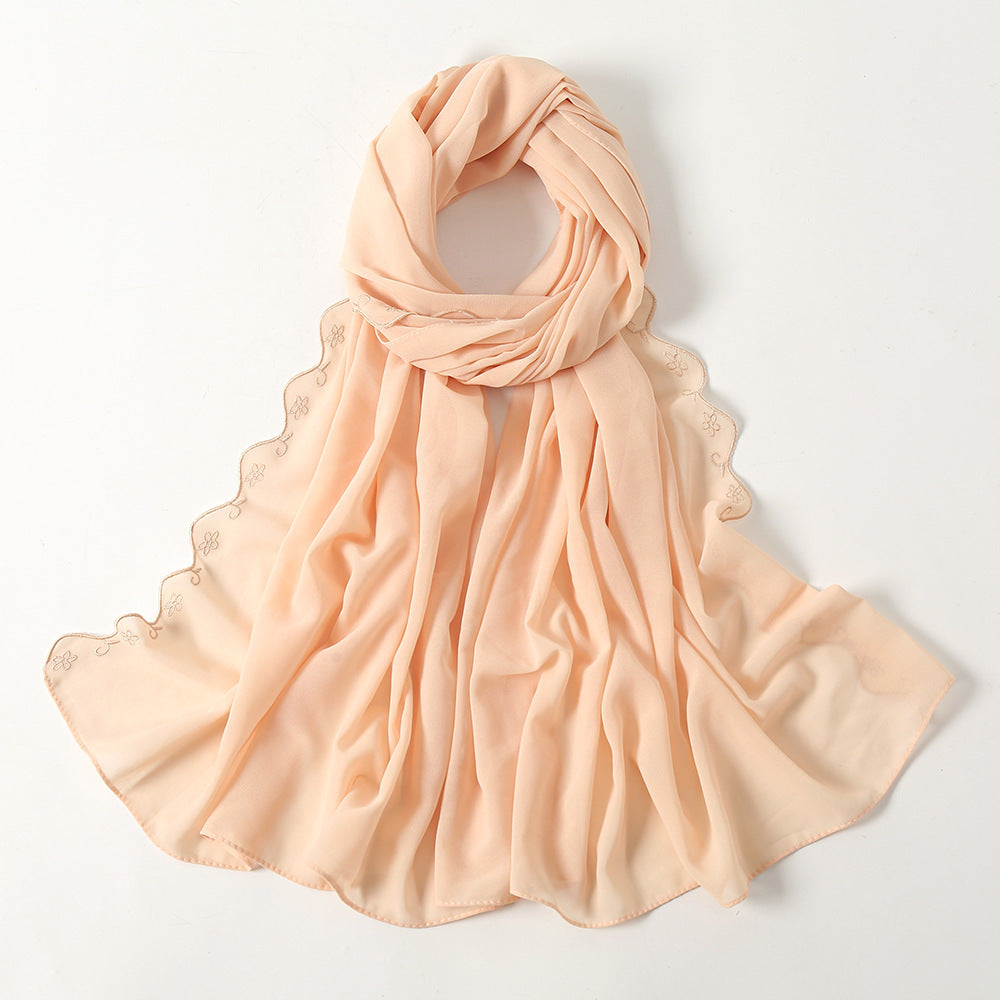 Women's Pearl Chiffon Lace Embroidered Headband Fashion Silk Scarf