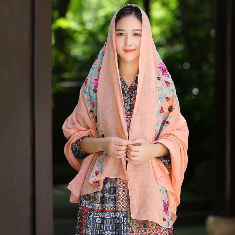 Ethnic Style Embroidered Floral Scarf Shawl Sunscreen Silk Female