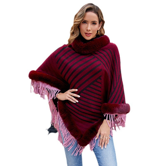 Drizzling Fur Collar Pullover Tassel Knitted Cape For Women
