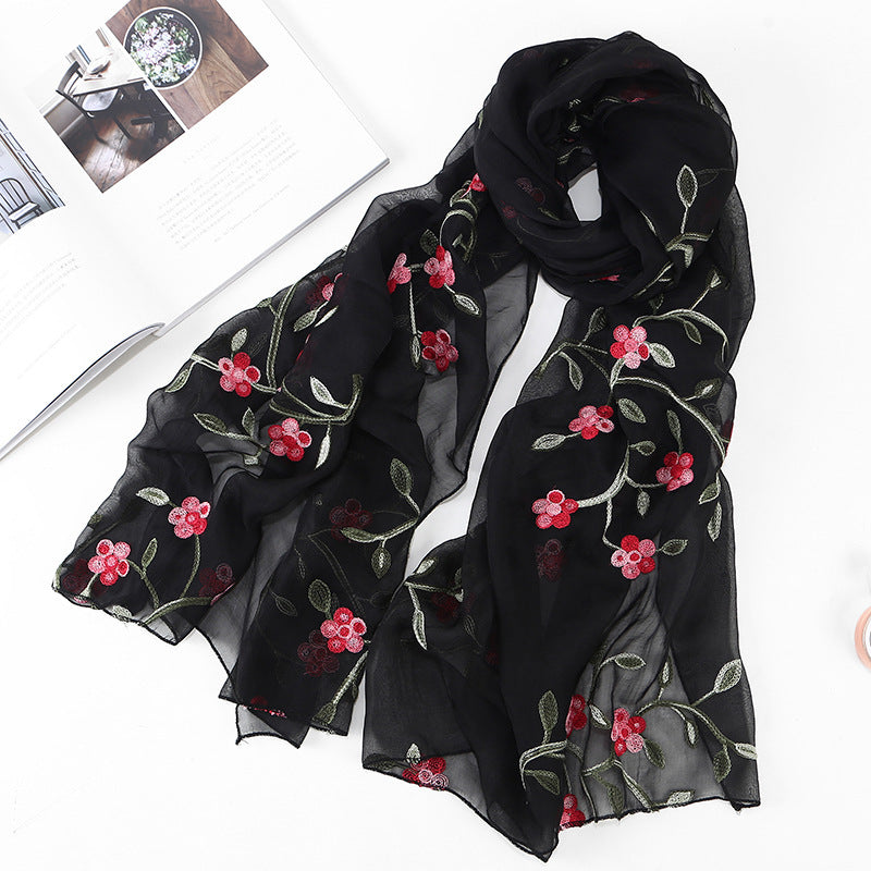 Women's Chiffon Flower Embroidered Silk Scarf Beach Shawl