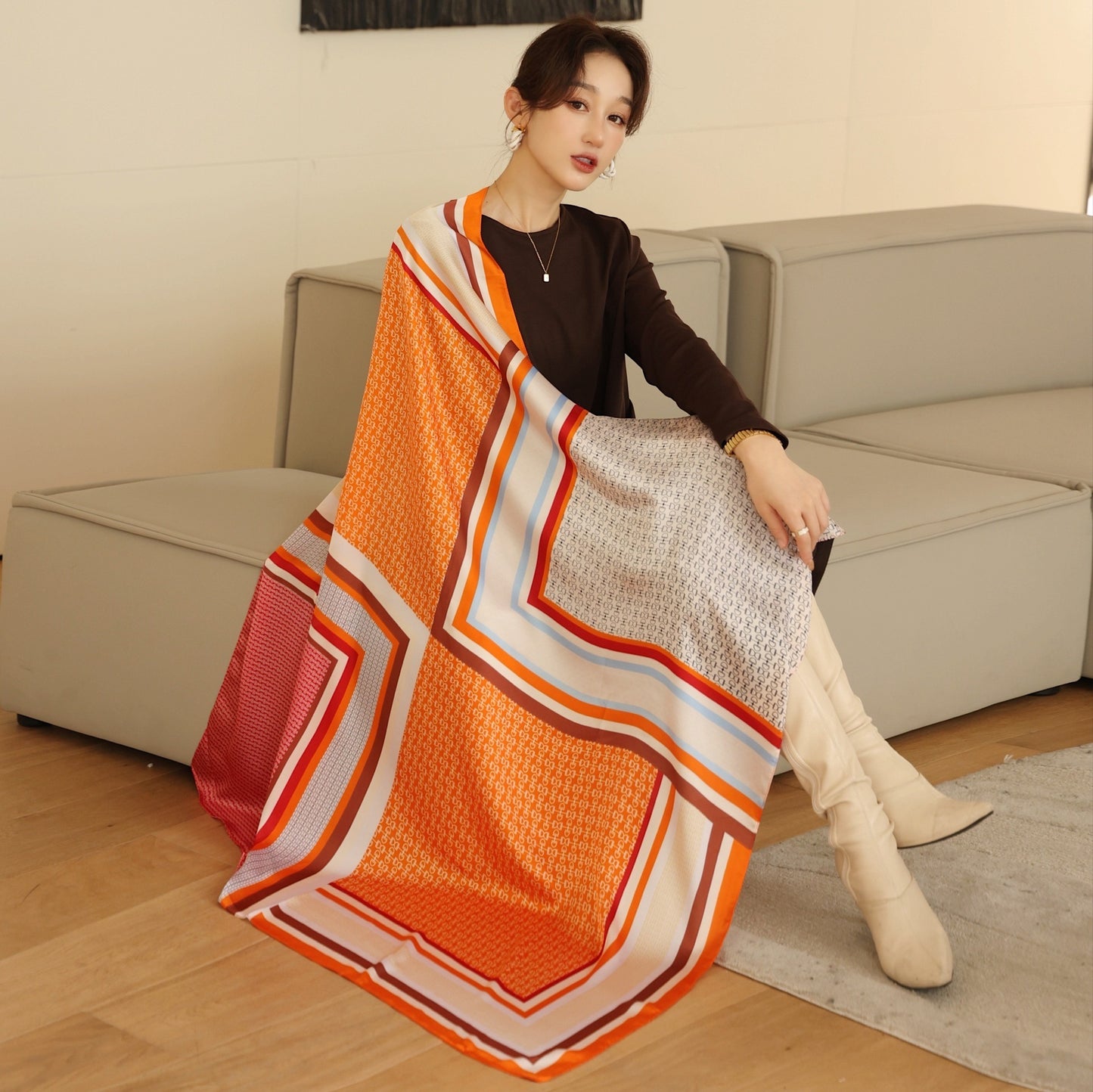 Women's Square Scarf Cashew Satin Print