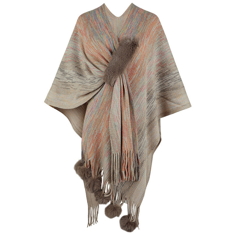 Contrast Color Wool Ball Tassel Knitted Shawl Coat For Women