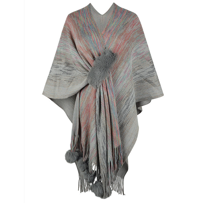 Contrast Color Wool Ball Tassel Knitted Shawl Coat For Women