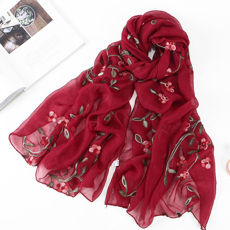 Women's Chiffon Flower Embroidered Silk Scarf Beach Shawl