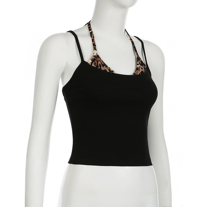 Street Cool Leopard Print Contrast Color False Two-piece Patchwork Slim-fit Camisole