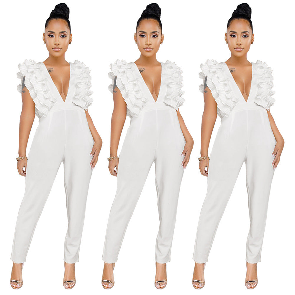 Deep V-neck solid color jumpsuit