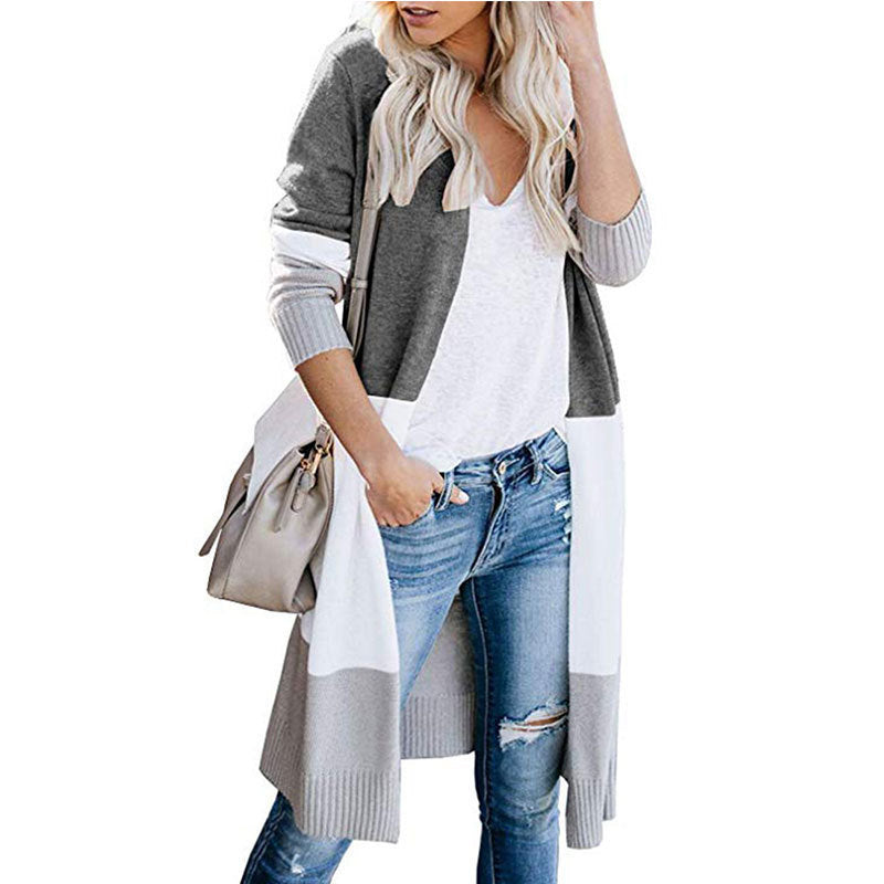 Three-color stitching striped long sweater coat