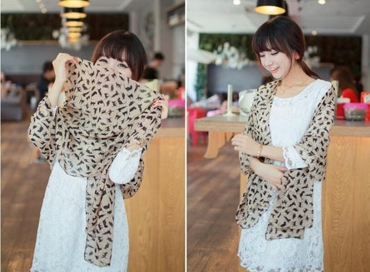 Fashion Chiffon Silk Printed Colorful Cartoon Cat Kitten Graffiti Scarf