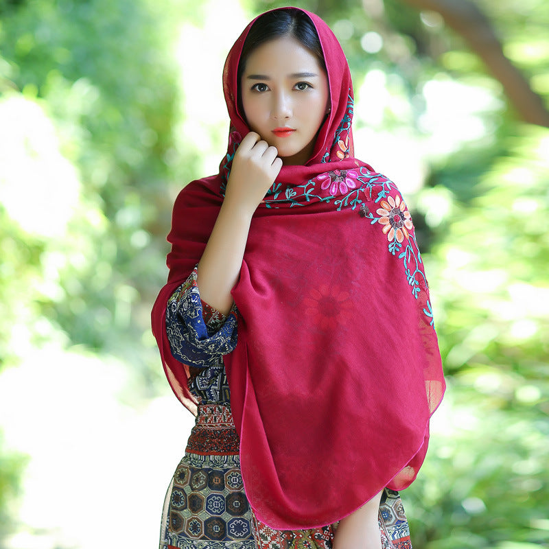 Ethnic Style Embroidered Floral Scarf Shawl Sunscreen Silk Female