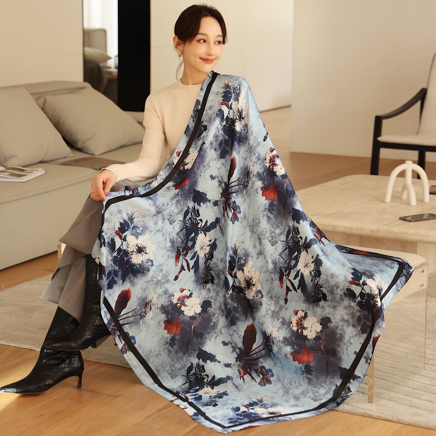 Women's Square Scarf Cashew Satin Print