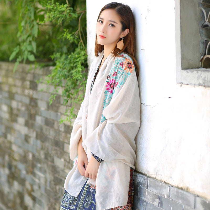 Ethnic Style Embroidered Floral Scarf Shawl Sunscreen Silk Female