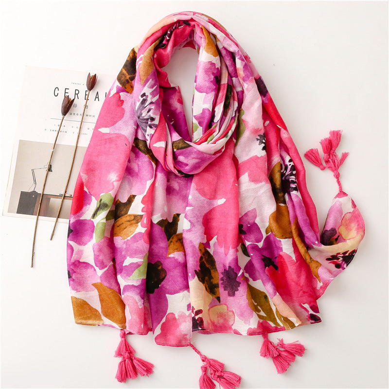 New Blooming Color Cotton And Linen Feel Scarf Soft Shawl