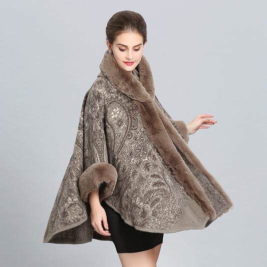 Autumn And Winter Hooded Shawl Cloak Fox Fur Collar All-match Woolen Coat