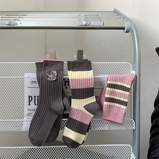 Coffee Striped Letter Mid Tube Women's Cotton Socks