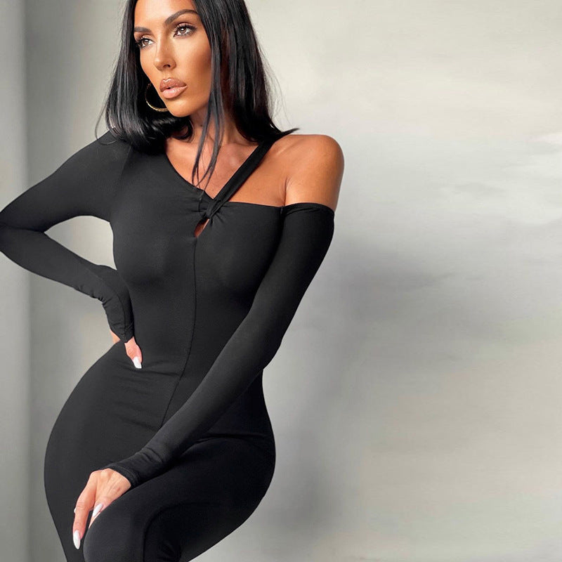 Asymmetrical Strapless Jumpsuit Women's Winter Slim Temperament Simple Flared Pants