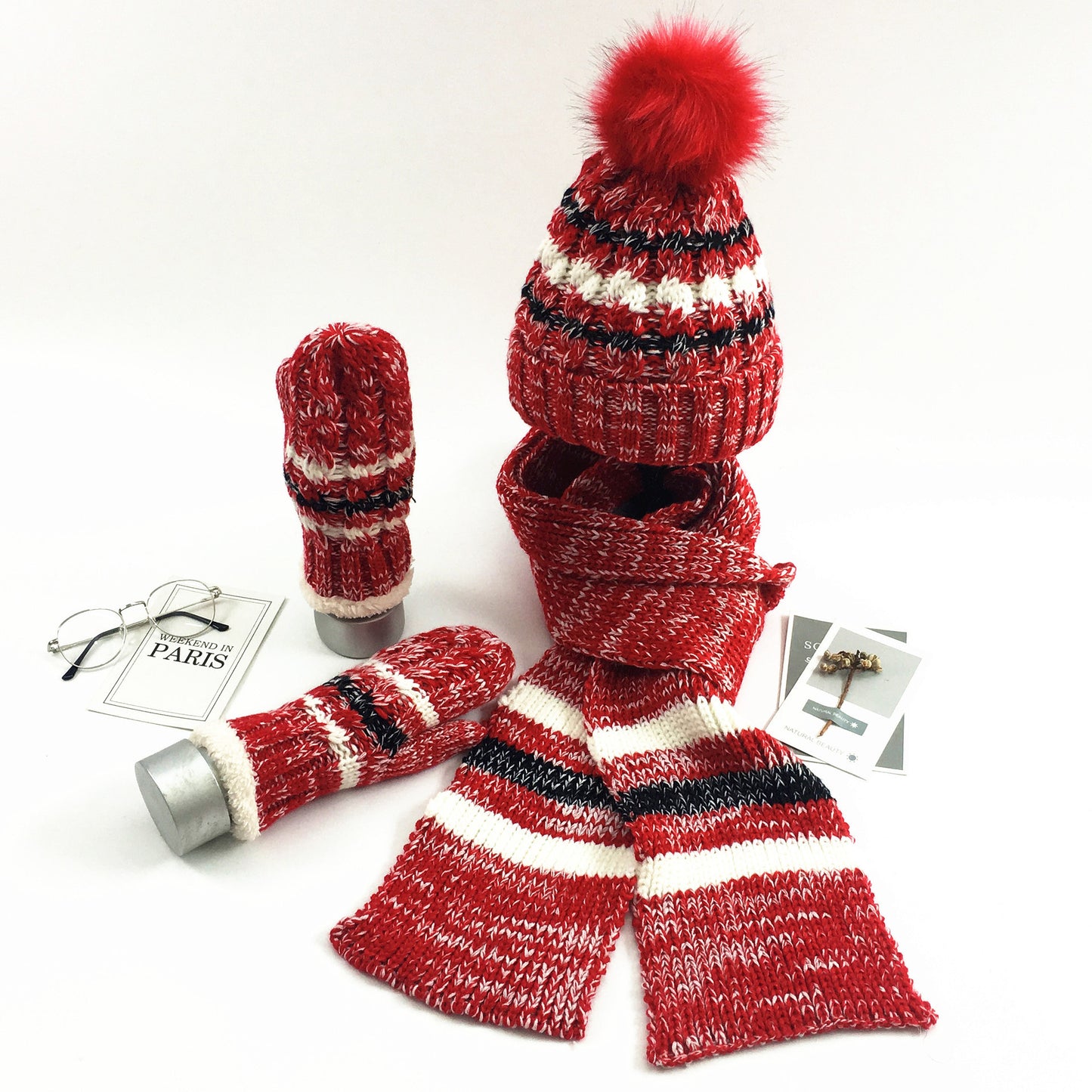 Color-mixing Warm Knitted Scarf Hat Glove Set