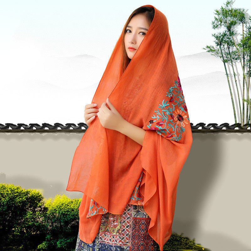Ethnic Style Embroidered Floral Scarf Shawl Sunscreen Silk Female