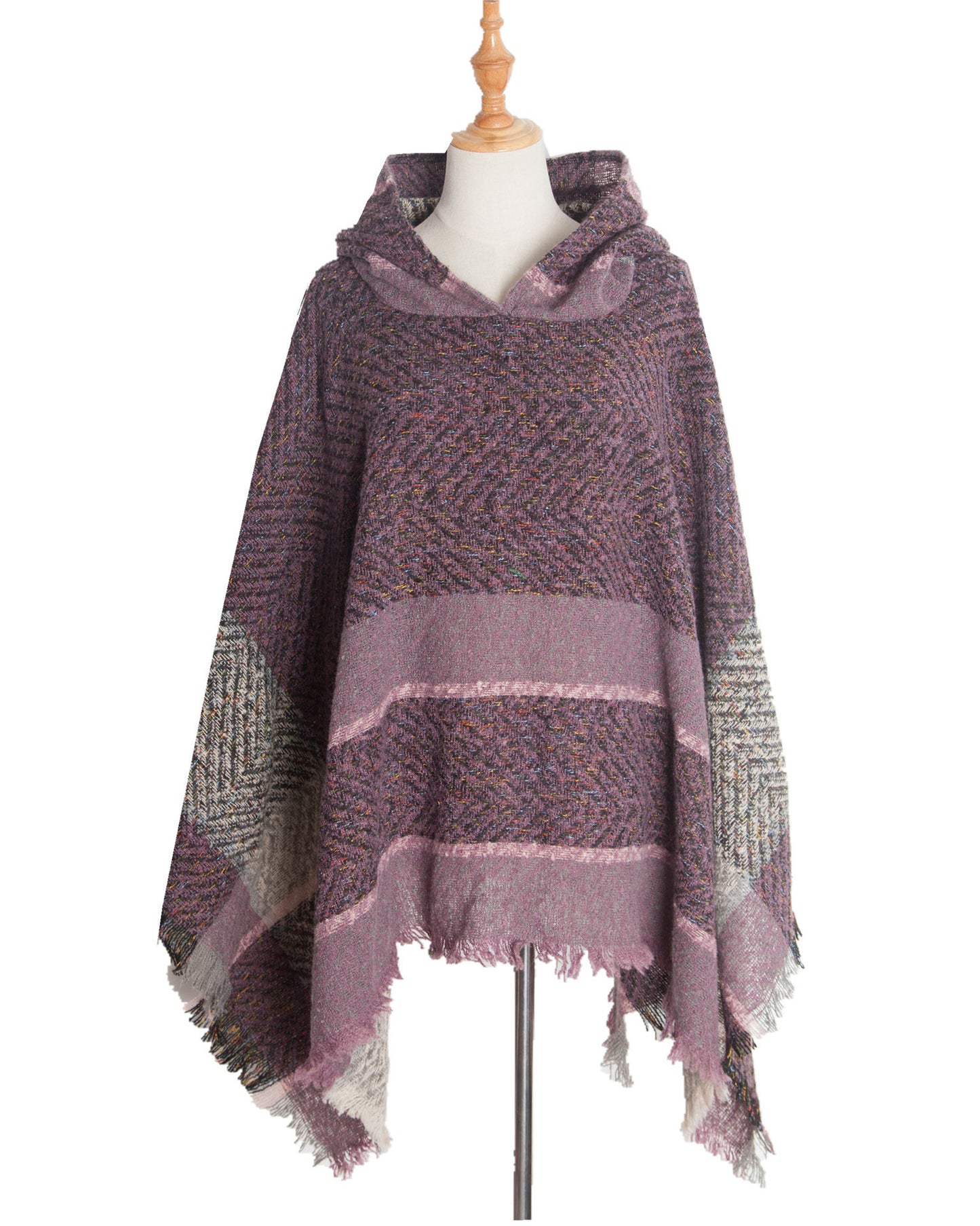 Fishbone Pattern Ladies Hooded Shawl Pullover Cloak