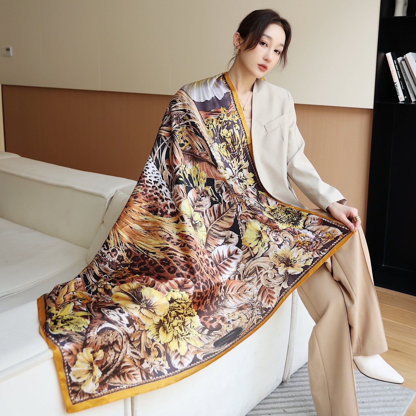 Women's Square Scarf Cashew Satin Print