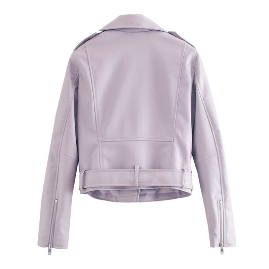 Street Handsome Belt Motorcycle Leather Ladies Jacket