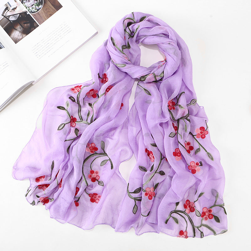 Women's Chiffon Flower Embroidered Silk Scarf Beach Shawl
