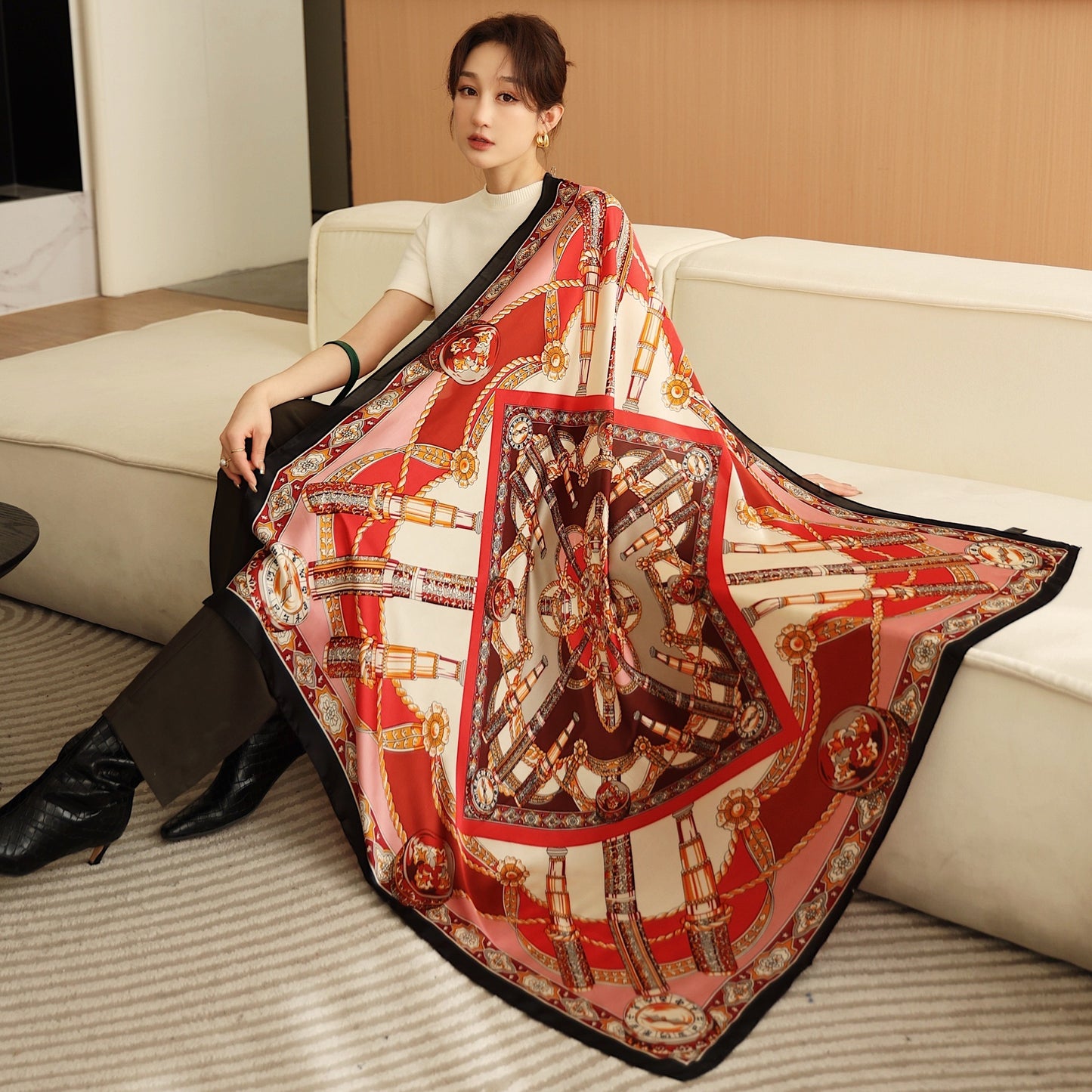 Women's Square Scarf Cashew Satin Print